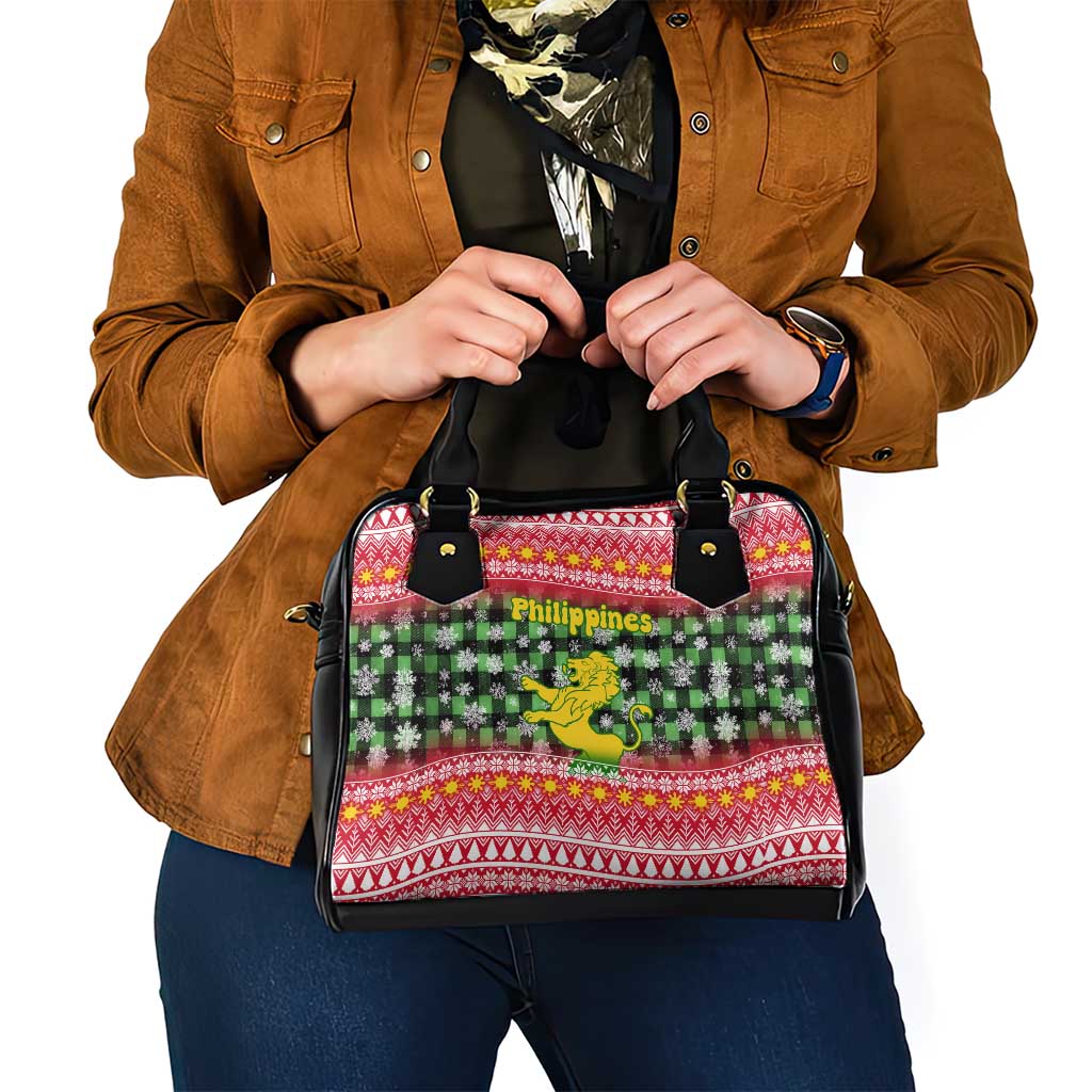 Philippines Christmas Shoulder Handbag with Red-Green Plaid Design, Yellow Lion, and National Coat of Arms Motif - Wonder Print Shop