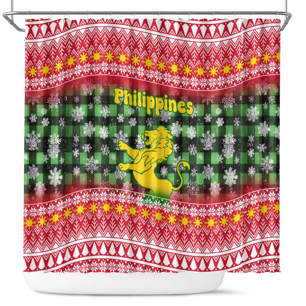 Philippines Christmas Shower Curtain with Red-Green Plaid Design, Yellow Lion, and National Coat of Arms Motif - Wonder Print Shop