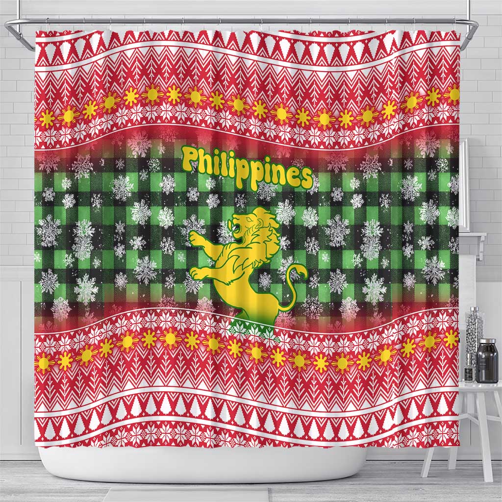 Philippines Christmas Shower Curtain with Red-Green Plaid Design, Yellow Lion, and National Coat of Arms Motif - Wonder Print Shop
