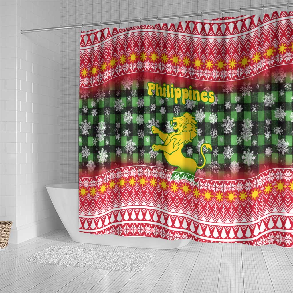 Philippines Christmas Shower Curtain with Red-Green Plaid Design, Yellow Lion, and National Coat of Arms Motif - Wonder Print Shop