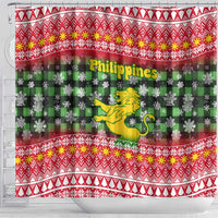 Philippines Christmas Shower Curtain with Red-Green Plaid Design, Yellow Lion, and National Coat of Arms Motif - Wonder Print Shop