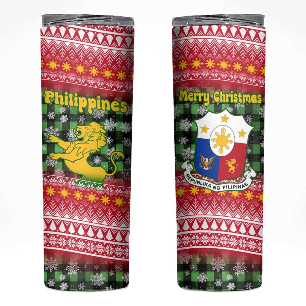 Philippines Christmas Skinny Tumbler with Red-Green Plaid Design, Yellow Lion, and National Coat of Arms Motif - Wonder Print Shop