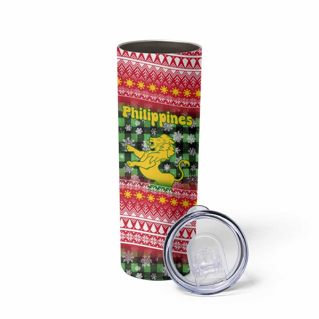 Philippines Christmas Skinny Tumbler with Red-Green Plaid Design, Yellow Lion, and National Coat of Arms Motif - Wonder Print Shop