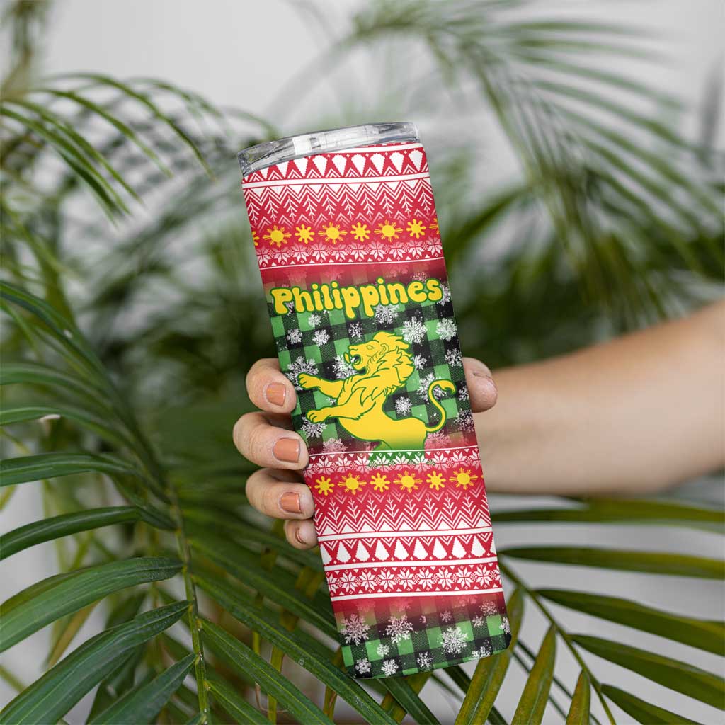 Philippines Christmas Skinny Tumbler with Red-Green Plaid Design, Yellow Lion, and National Coat of Arms Motif - Wonder Print Shop