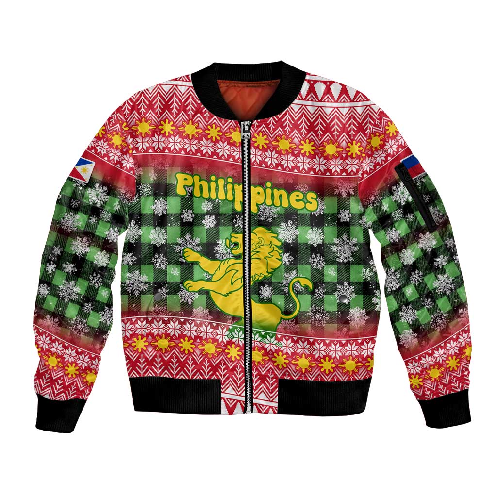 Philippines Christmas Sleeve Zip Bomber Jacket with Red-Green Plaid Design, Yellow Lion, and National Coat of Arms Motif - Wonder Print Shop