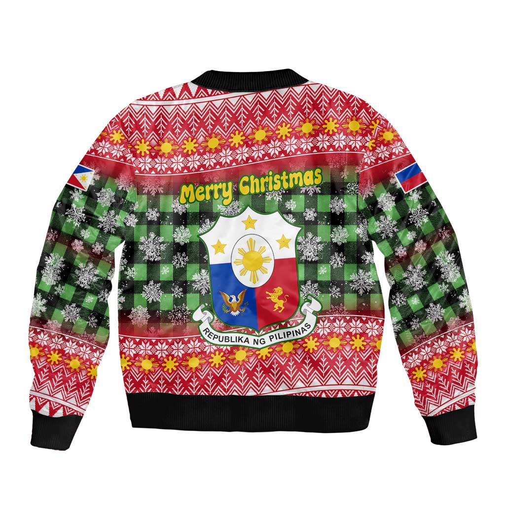 Philippines Christmas Sleeve Zip Bomber Jacket with Red-Green Plaid Design, Yellow Lion, and National Coat of Arms Motif - Wonder Print Shop