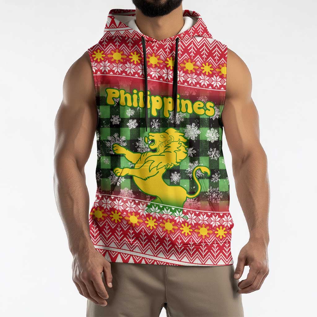 Philippines Christmas Sleeveless Hoodie with Red-Green Plaid Design, Yellow Lion, and National Coat of Arms Motif - Wonder Print Shop