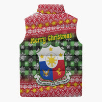 Philippines Christmas Sleeveless Puffer Jacket with Red-Green Plaid Design, Yellow Lion, and National Coat of Arms Motif - Wonder Print Shop