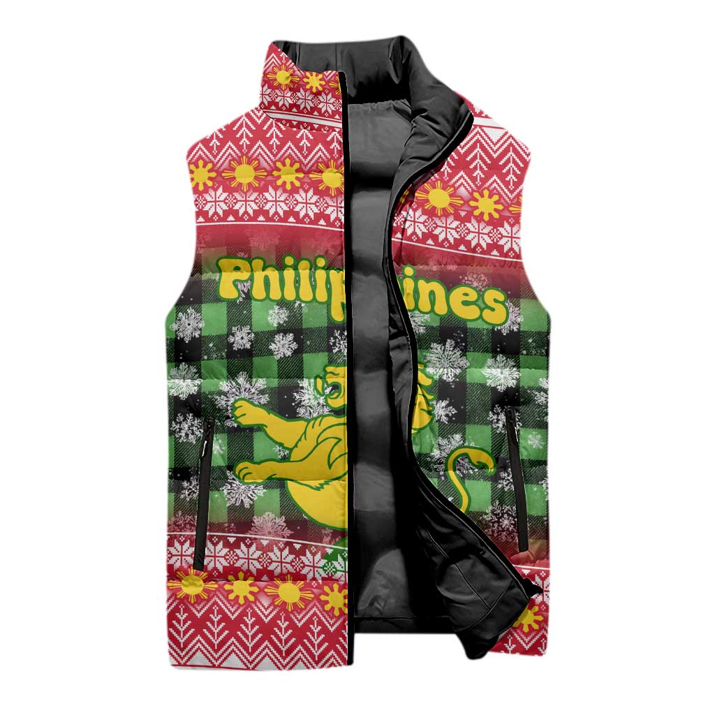Philippines Christmas Sleeveless Puffer Jacket with Red-Green Plaid Design, Yellow Lion, and National Coat of Arms Motif - Wonder Print Shop