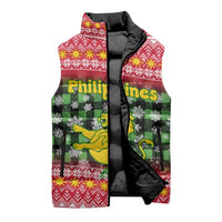 Philippines Christmas Sleeveless Puffer Jacket with Red-Green Plaid Design, Yellow Lion, and National Coat of Arms Motif - Wonder Print Shop