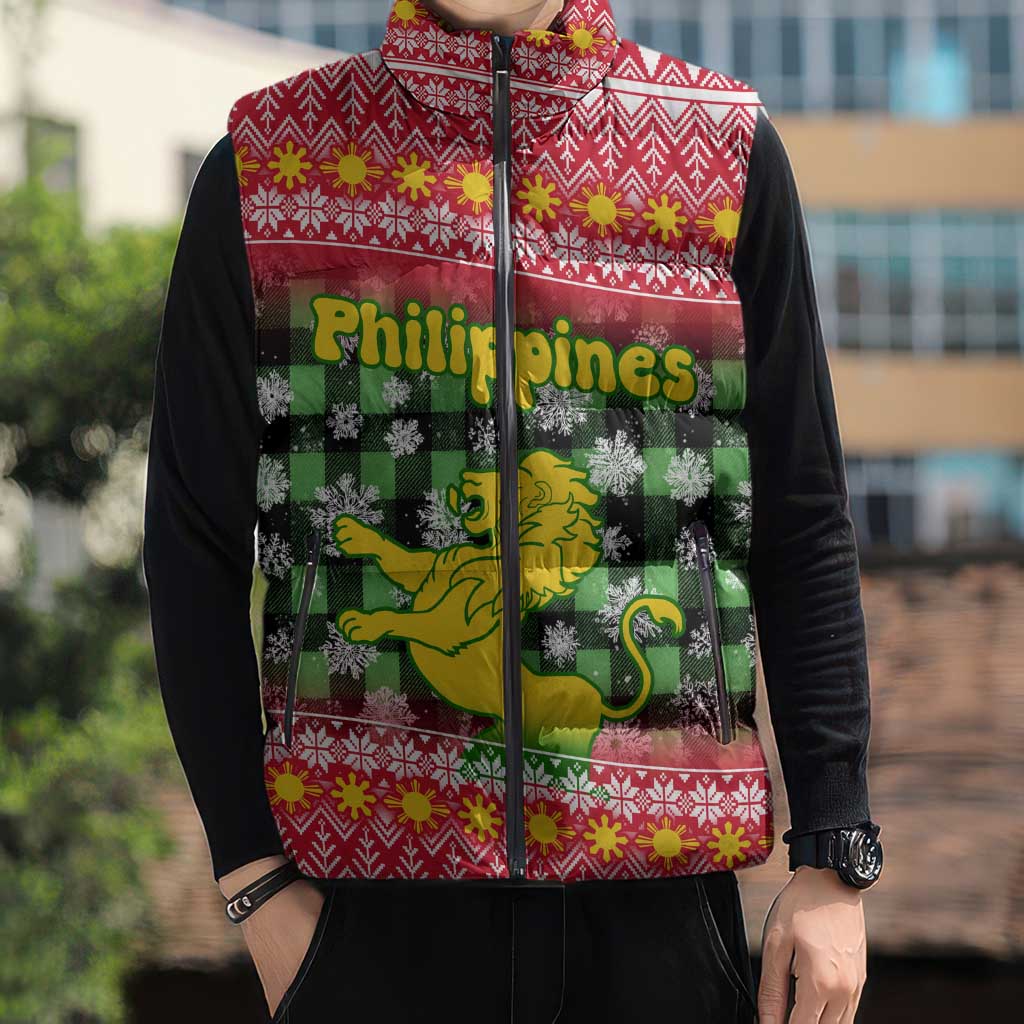Philippines Christmas Sleeveless Puffer Jacket with Red-Green Plaid Design, Yellow Lion, and National Coat of Arms Motif - Wonder Print Shop