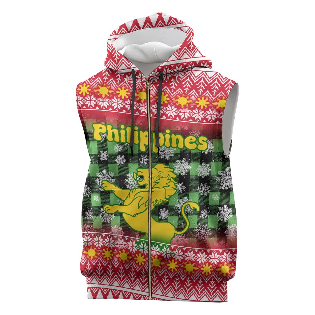 Philippines Christmas Sleeveless Zip Hoodie with Red-Green Plaid Design, Yellow Lion, and National Coat of Arms Motif - Wonder Print Shop