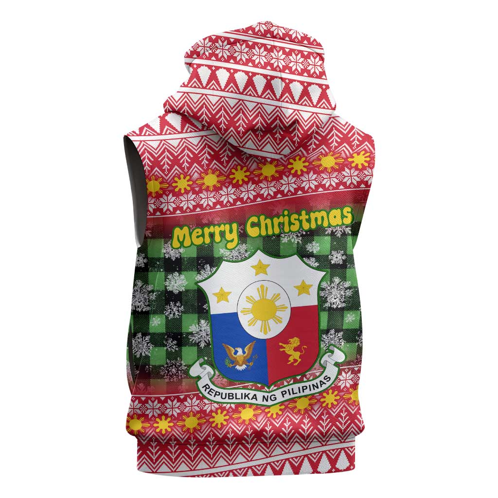 Philippines Christmas Sleeveless Zip Hoodie with Red-Green Plaid Design, Yellow Lion, and National Coat of Arms Motif - Wonder Print Shop