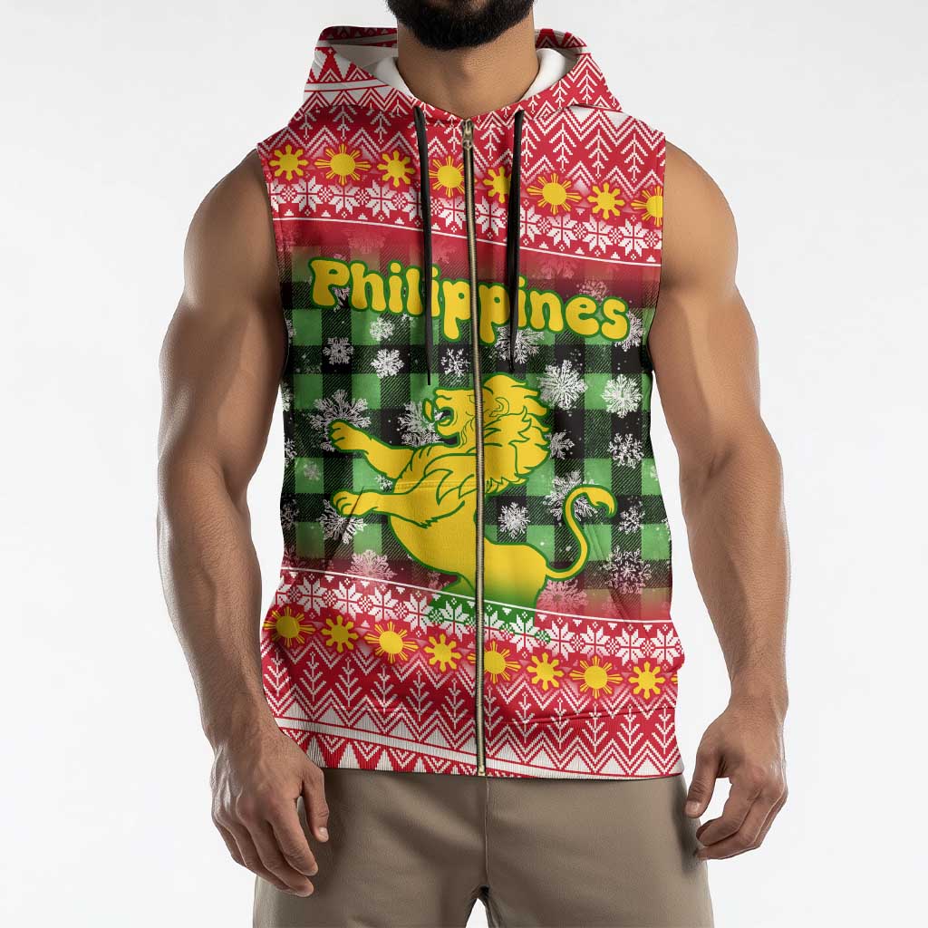 Philippines Christmas Sleeveless Zip Hoodie with Red-Green Plaid Design, Yellow Lion, and National Coat of Arms Motif - Wonder Print Shop