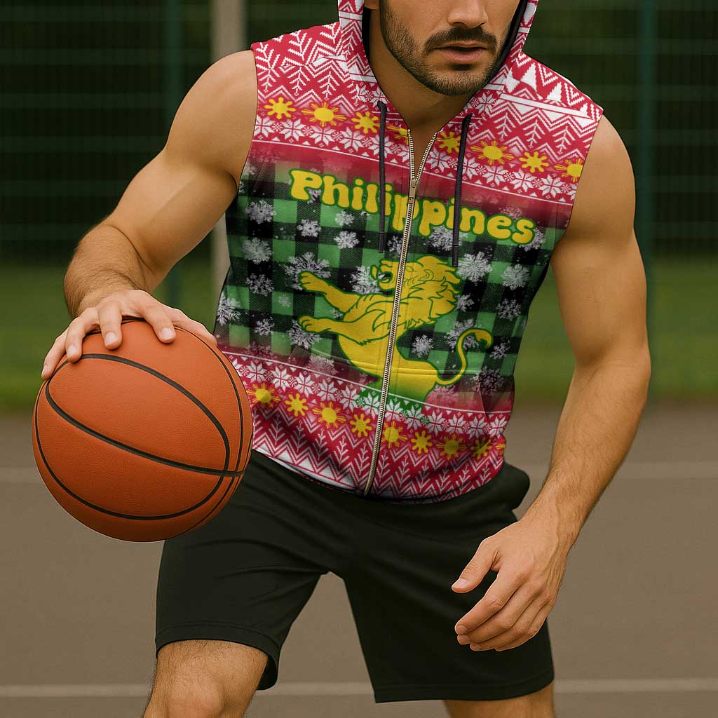 Philippines Christmas Sleeveless Zip Hoodie with Red-Green Plaid Design, Yellow Lion, and National Coat of Arms Motif - Wonder Print Shop