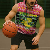 Philippines Christmas Sleeveless Zip Hoodie with Red-Green Plaid Design, Yellow Lion, and National Coat of Arms Motif - Wonder Print Shop