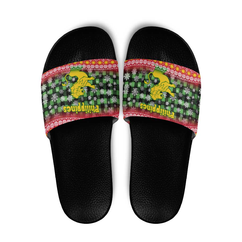 Philippines Christmas Slide Sandals with Red-Green Plaid Design, Yellow Lion, and National Coat of Arms Motif - Wonder Print Shop