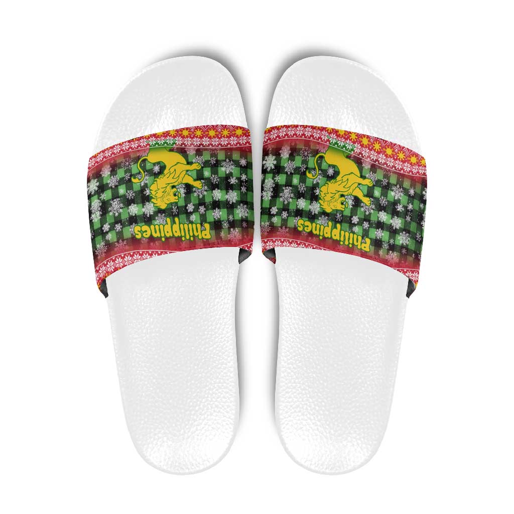 Philippines Christmas Slide Sandals with Red-Green Plaid Design, Yellow Lion, and National Coat of Arms Motif - Wonder Print Shop