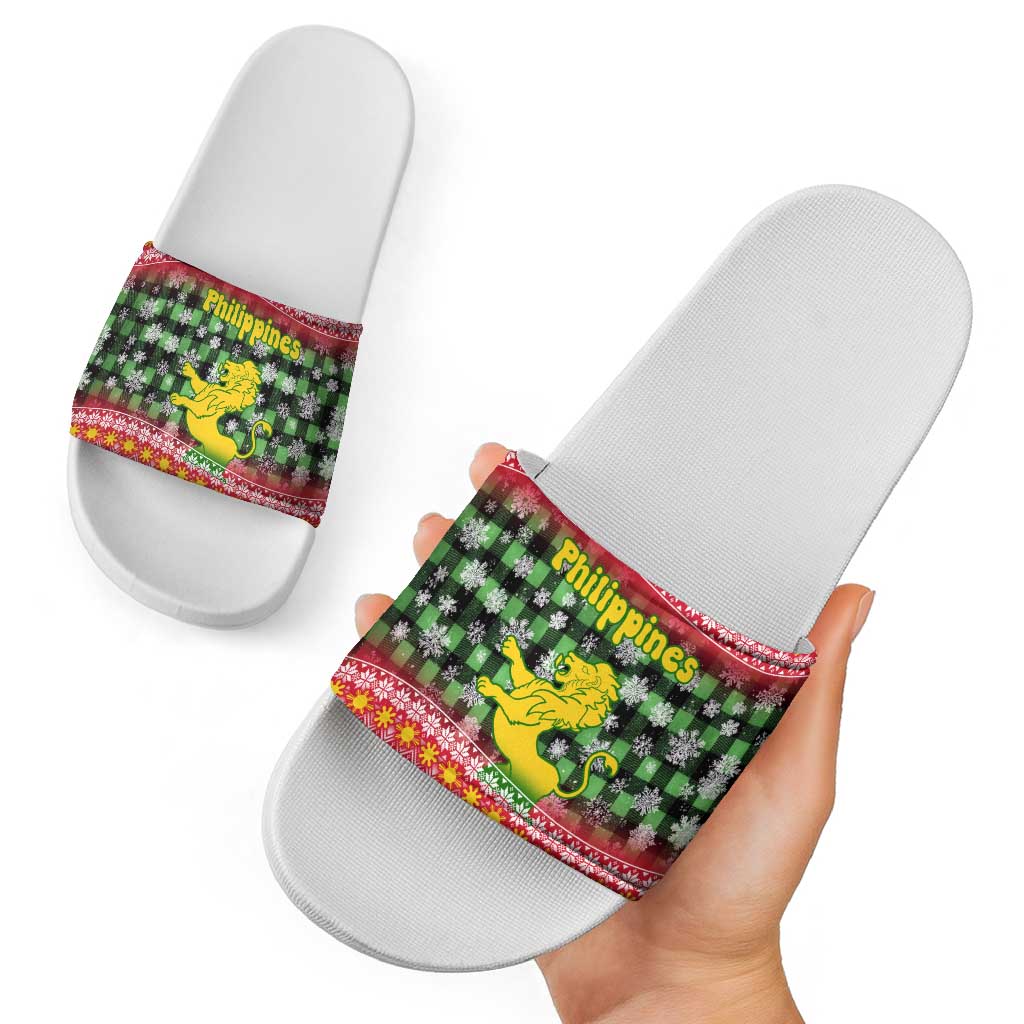 Philippines Christmas Slide Sandals with Red-Green Plaid Design, Yellow Lion, and National Coat of Arms Motif - Wonder Print Shop