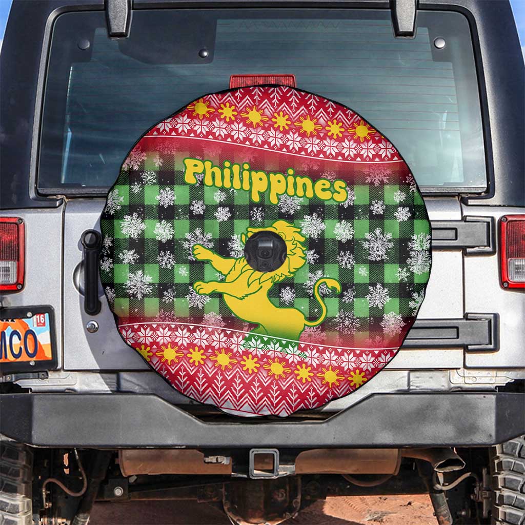 Philippines Christmas Spare Tire Cover with Red-Green Plaid Design, Yellow Lion, and National Coat of Arms Motif - Wonder Print Shop