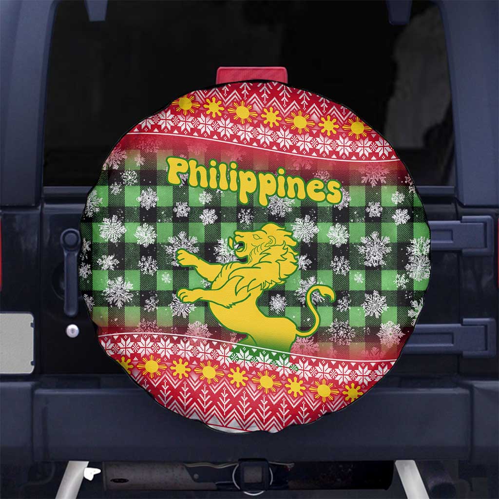 Philippines Christmas Spare Tire Cover with Red-Green Plaid Design, Yellow Lion, and National Coat of Arms Motif - Wonder Print Shop