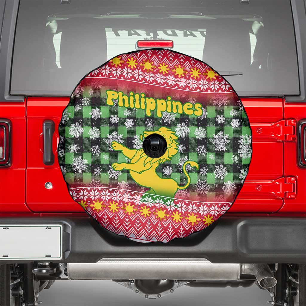 Philippines Christmas Spare Tire Cover with Red-Green Plaid Design, Yellow Lion, and National Coat of Arms Motif - Wonder Print Shop