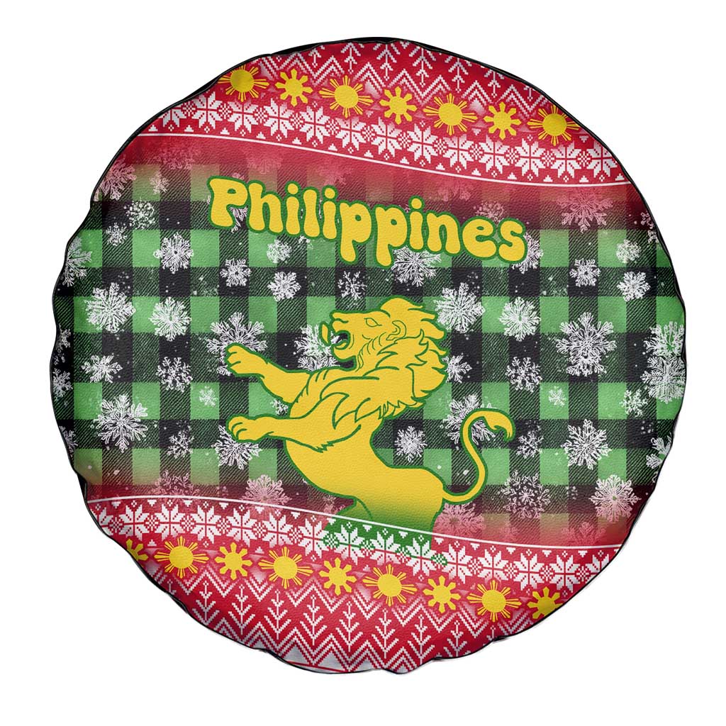 Philippines Christmas Spare Tire Cover with Red-Green Plaid Design, Yellow Lion, and National Coat of Arms Motif - Wonder Print Shop