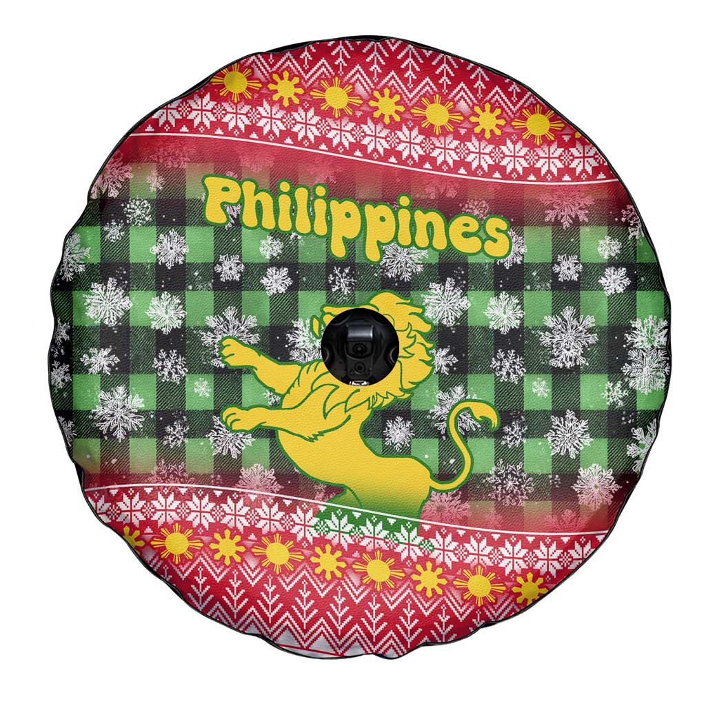 Philippines Christmas Spare Tire Cover with Red-Green Plaid Design, Yellow Lion, and National Coat of Arms Motif - Wonder Print Shop