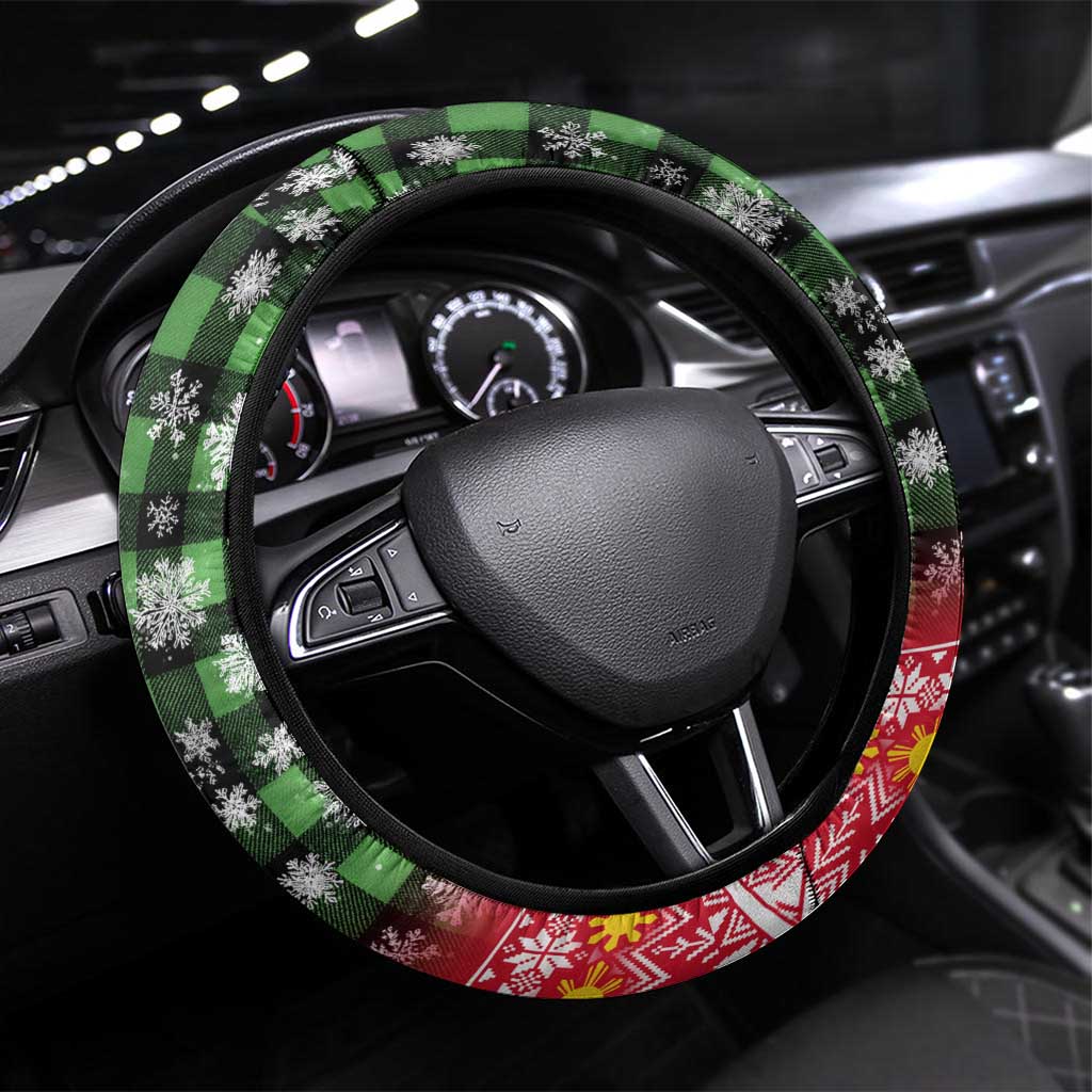 Philippines Christmas Steering Wheel Cover with Red-Green Plaid Design, Yellow Lion, and National Coat of Arms Motif - Wonder Print Shop