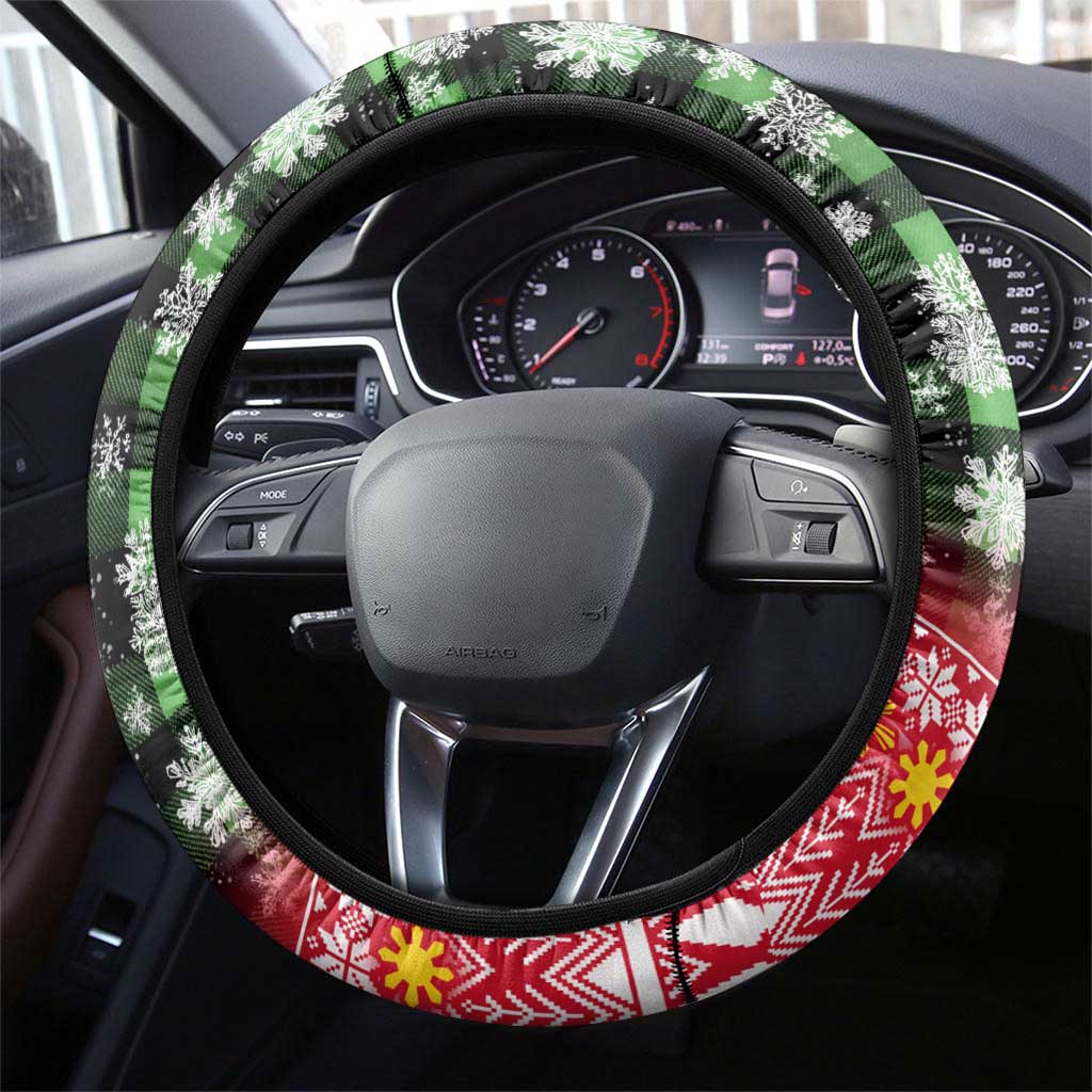 Philippines Christmas Steering Wheel Cover with Red-Green Plaid Design, Yellow Lion, and National Coat of Arms Motif - Wonder Print Shop