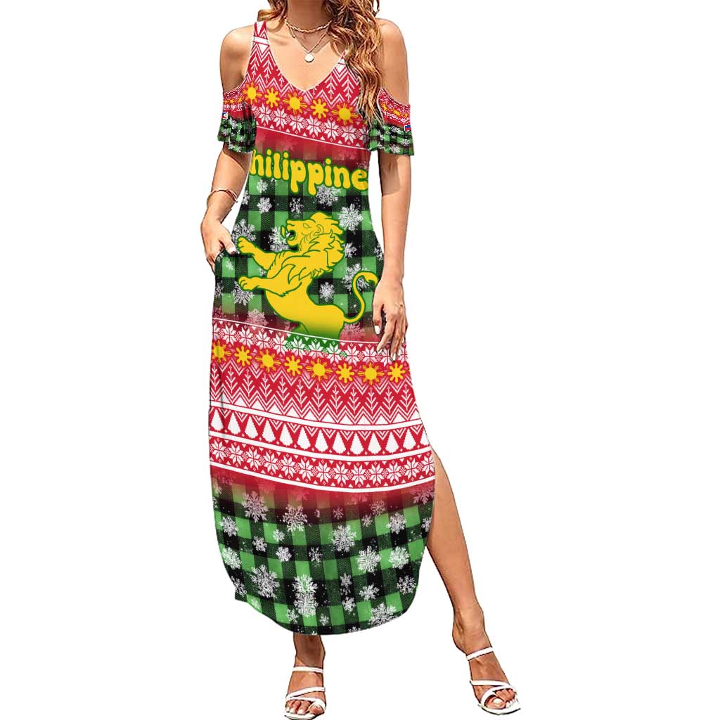Philippines Christmas Summer Maxi Dress with Red-Green Plaid Design, Yellow Lion, and National Coat of Arms Motif - Wonder Print Shop