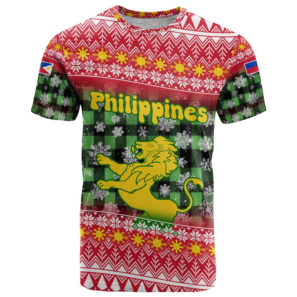 Philippines Christmas T Shirt with Red-Green Plaid Design, Yellow Lion, and National Coat of Arms Motif - Wonder Print Shop