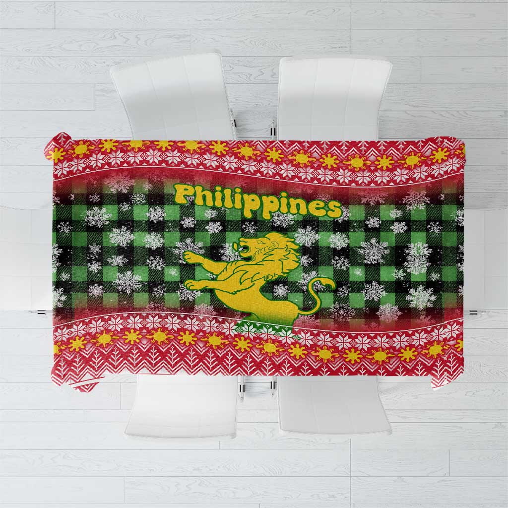 Philippines Christmas Tablecloth with Red-Green Plaid Design, Yellow Lion, and National Coat of Arms Motif - Wonder Print Shop