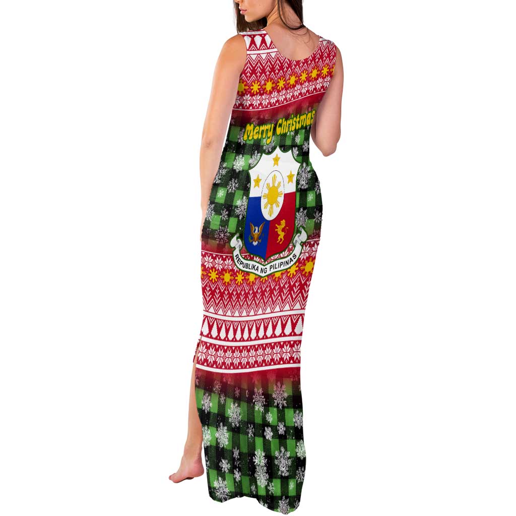 Philippines Christmas Tank Maxi Dress with Red-Green Plaid Design, Yellow Lion, and National Coat of Arms Motif - Wonder Print Shop