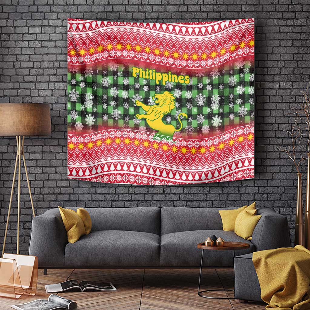 Philippines Christmas Tapestry with Red-Green Plaid Design, Yellow Lion, and National Coat of Arms Motif - Wonder Print Shop