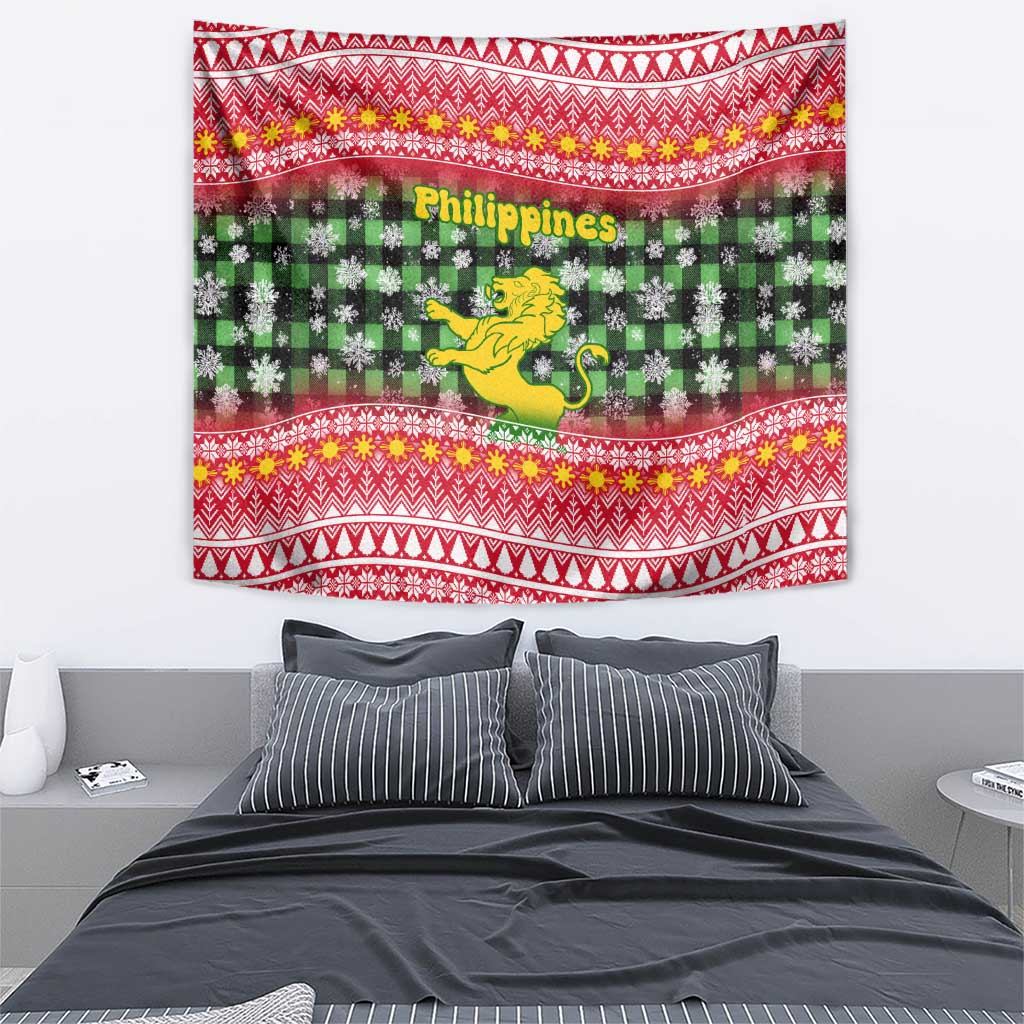 Philippines Christmas Tapestry with Red-Green Plaid Design, Yellow Lion, and National Coat of Arms Motif - Wonder Print Shop