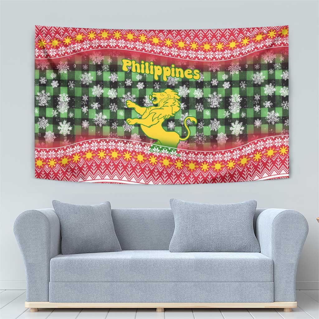 Philippines Christmas Tapestry with Red-Green Plaid Design, Yellow Lion, and National Coat of Arms Motif - Wonder Print Shop