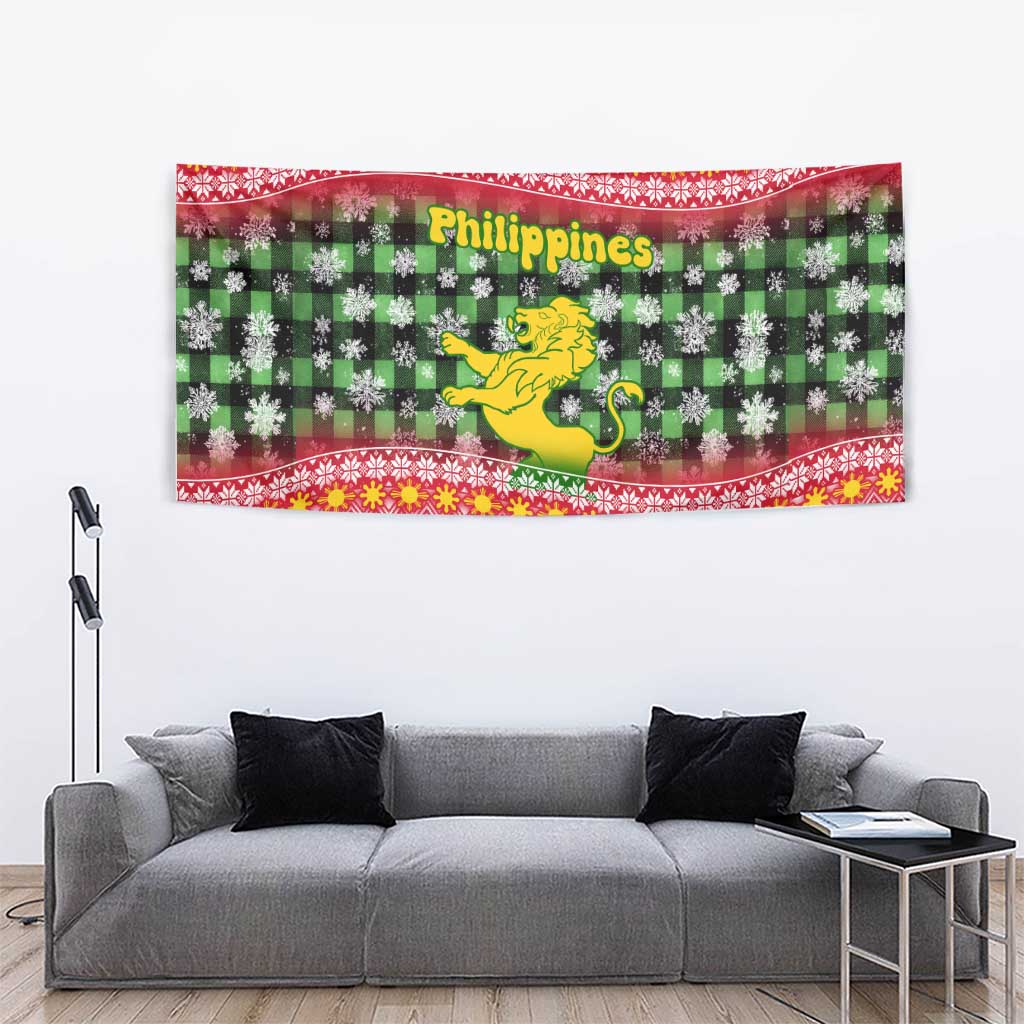 Philippines Christmas Tapestry with Red-Green Plaid Design, Yellow Lion, and National Coat of Arms Motif - Wonder Print Shop