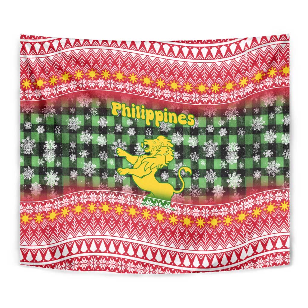 Philippines Christmas Tapestry with Red-Green Plaid Design, Yellow Lion, and National Coat of Arms Motif - Wonder Print Shop