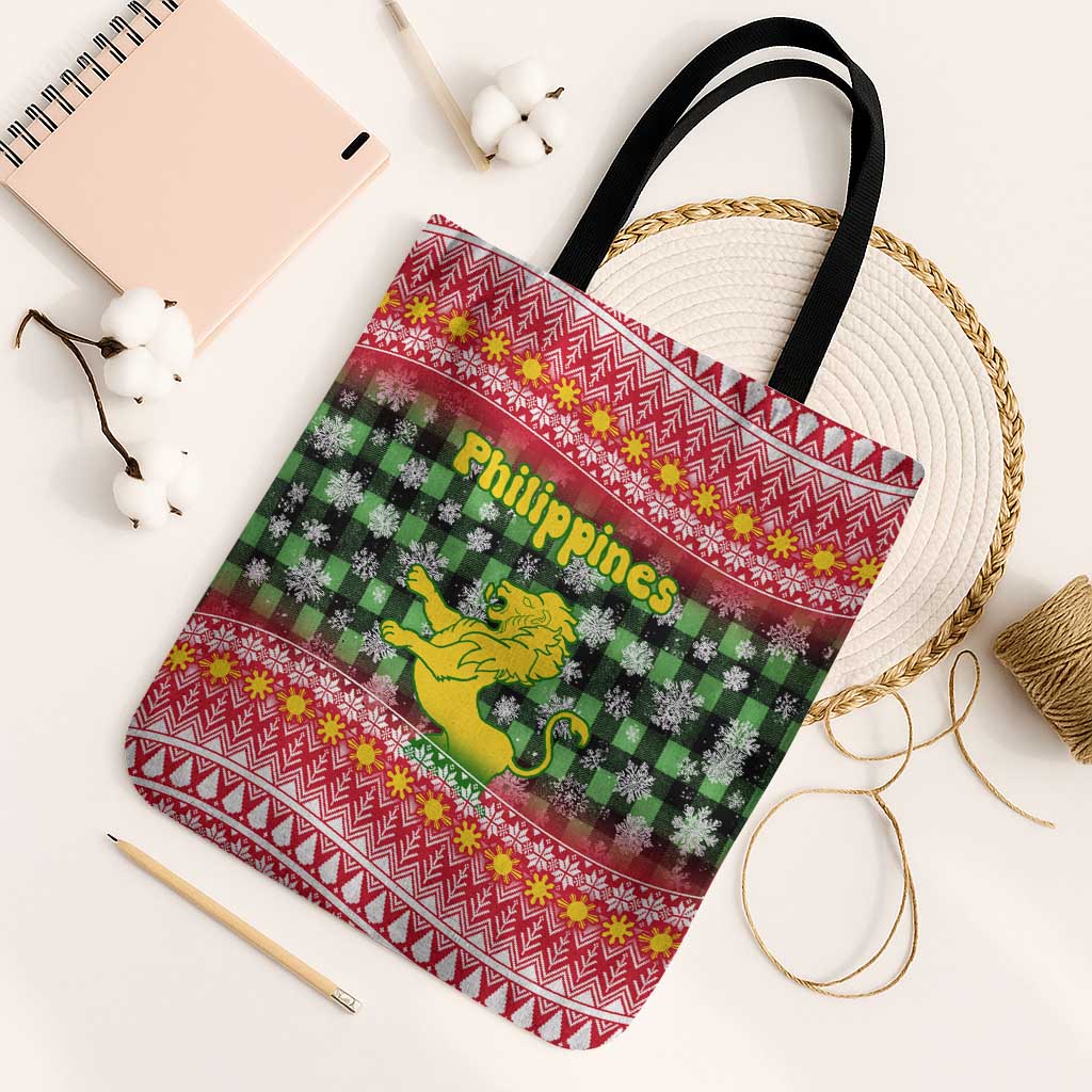 Philippines Christmas Tote Bag with Red-Green Plaid Design, Yellow Lion, and National Coat of Arms Motif - Wonder Print Shop