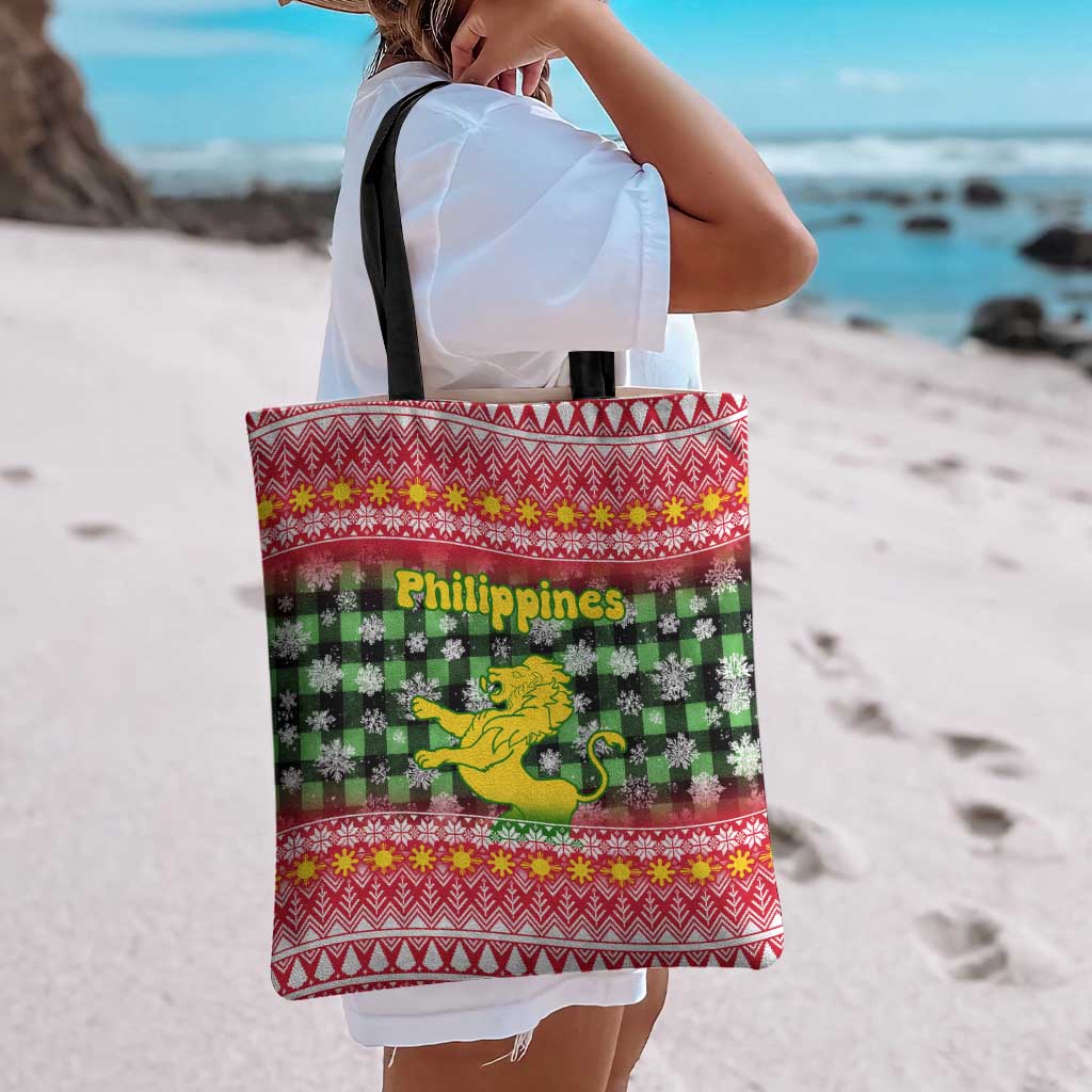 Philippines Christmas Tote Bag with Red-Green Plaid Design, Yellow Lion, and National Coat of Arms Motif - Wonder Print Shop