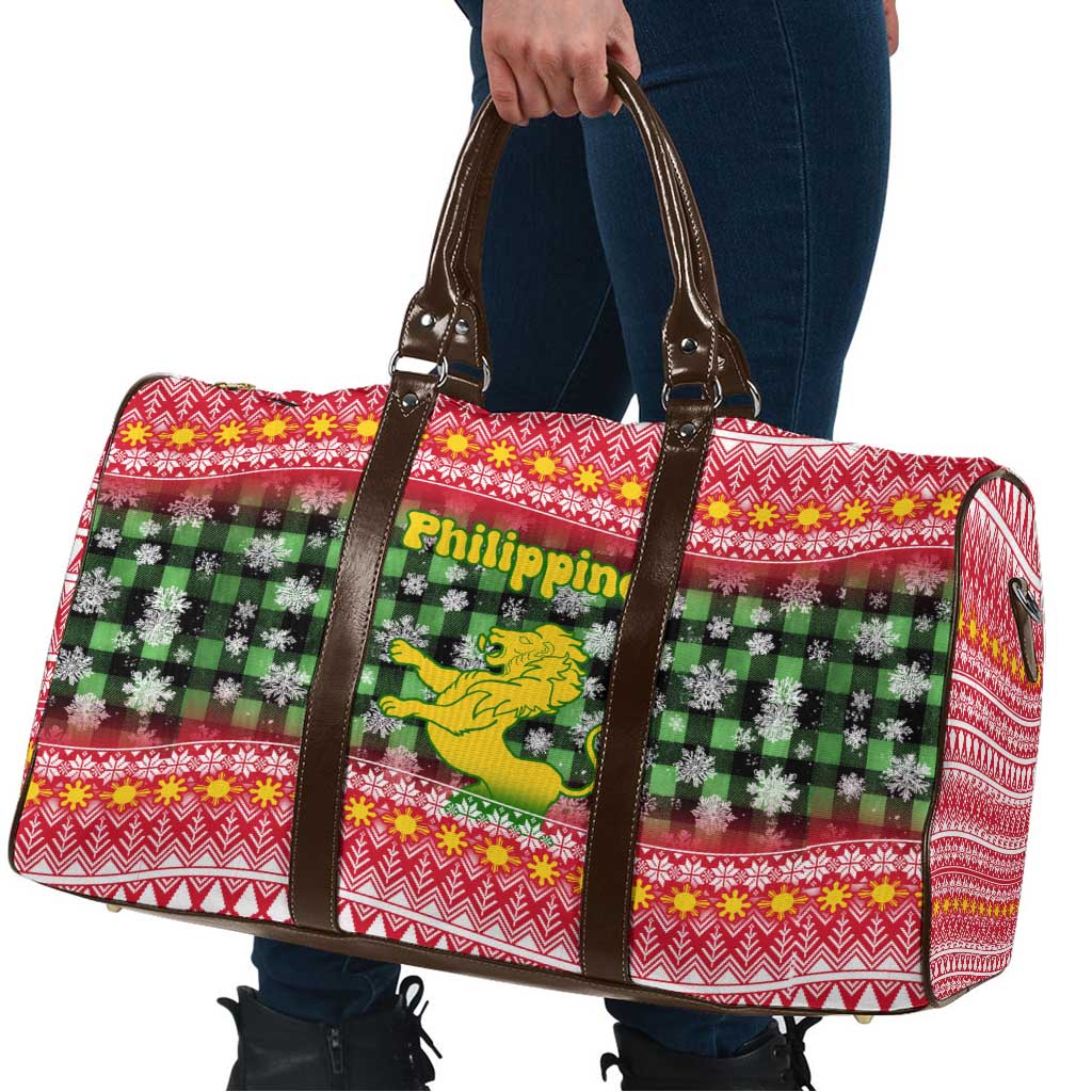 Philippines Christmas Travel Bag with Red-Green Plaid Design, Yellow Lion, and National Coat of Arms Motif - Wonder Print Shop