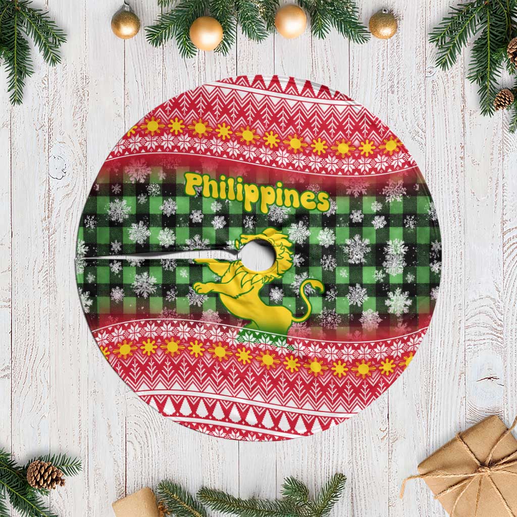Philippines Christmas Tree Skirt with Red-Green Plaid Design, Yellow Lion, and National Coat of Arms Motif - Wonder Print Shop