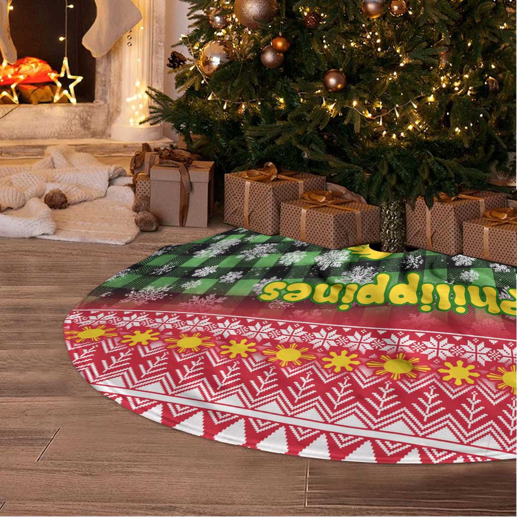 Philippines Christmas Tree Skirt with Red-Green Plaid Design, Yellow Lion, and National Coat of Arms Motif - Wonder Print Shop