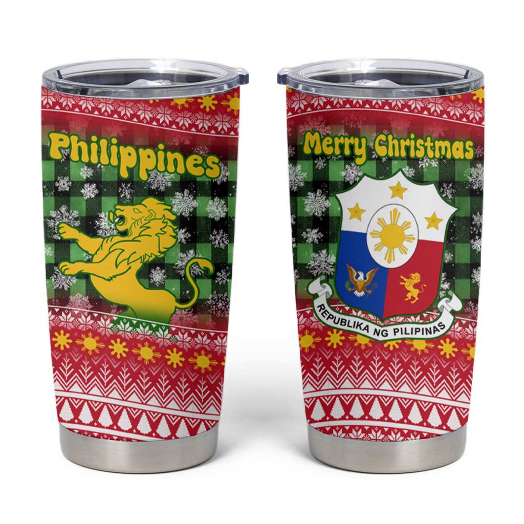 Philippines Christmas Tumbler Cup with Red-Green Plaid Design, Yellow Lion, and National Coat of Arms Motif - Wonder Print Shop