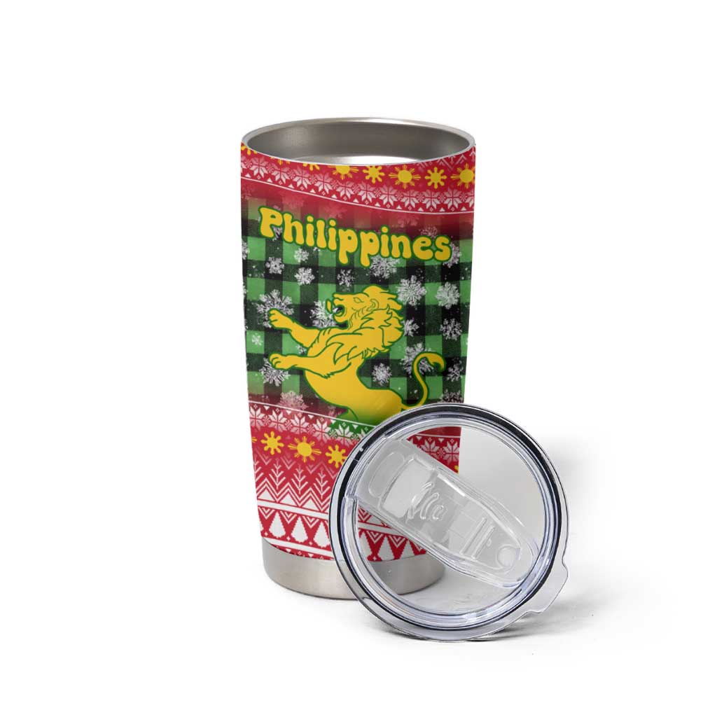 Philippines Christmas Tumbler Cup with Red-Green Plaid Design, Yellow Lion, and National Coat of Arms Motif - Wonder Print Shop