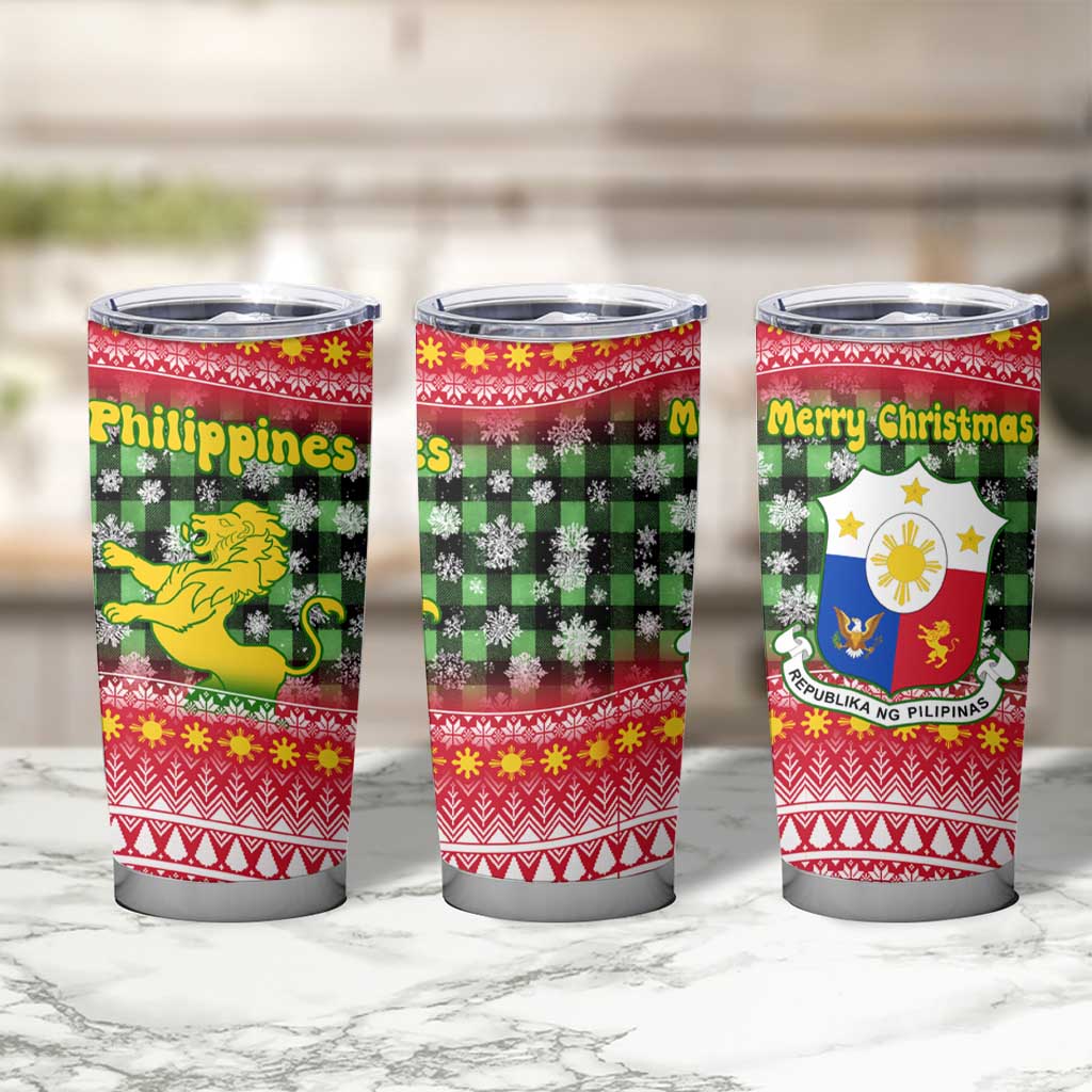 Philippines Christmas Tumbler Cup with Red-Green Plaid Design, Yellow Lion, and National Coat of Arms Motif - Wonder Print Shop