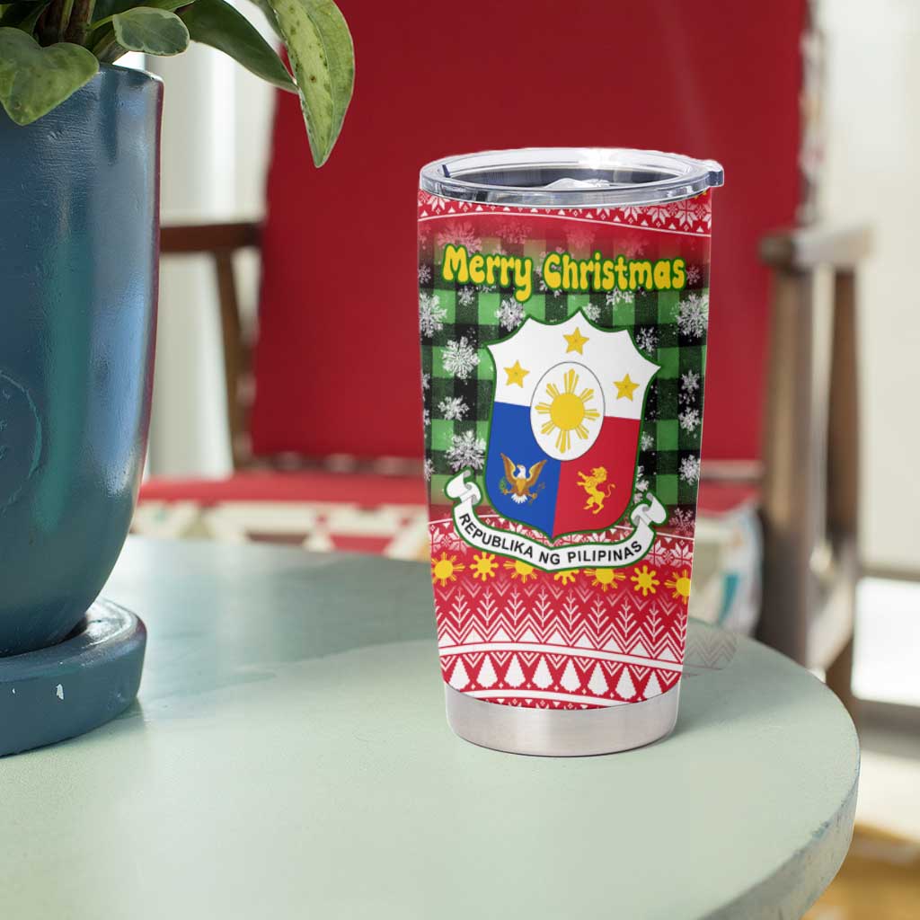Philippines Christmas Tumbler Cup with Red-Green Plaid Design, Yellow Lion, and National Coat of Arms Motif - Wonder Print Shop