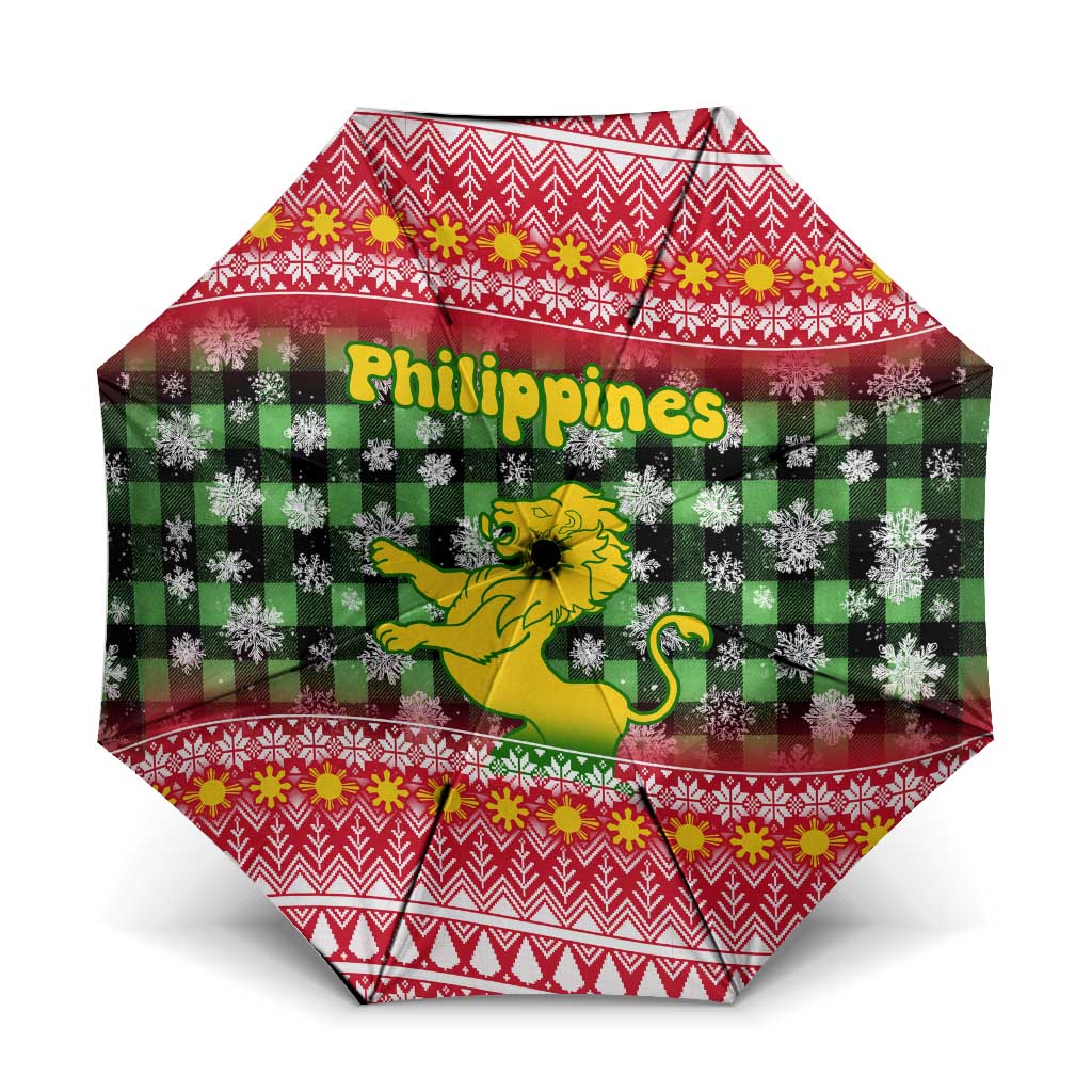 Philippines Christmas Umbrella with Red-Green Plaid Design, Yellow Lion, and National Coat of Arms Motif - Wonder Print Shop