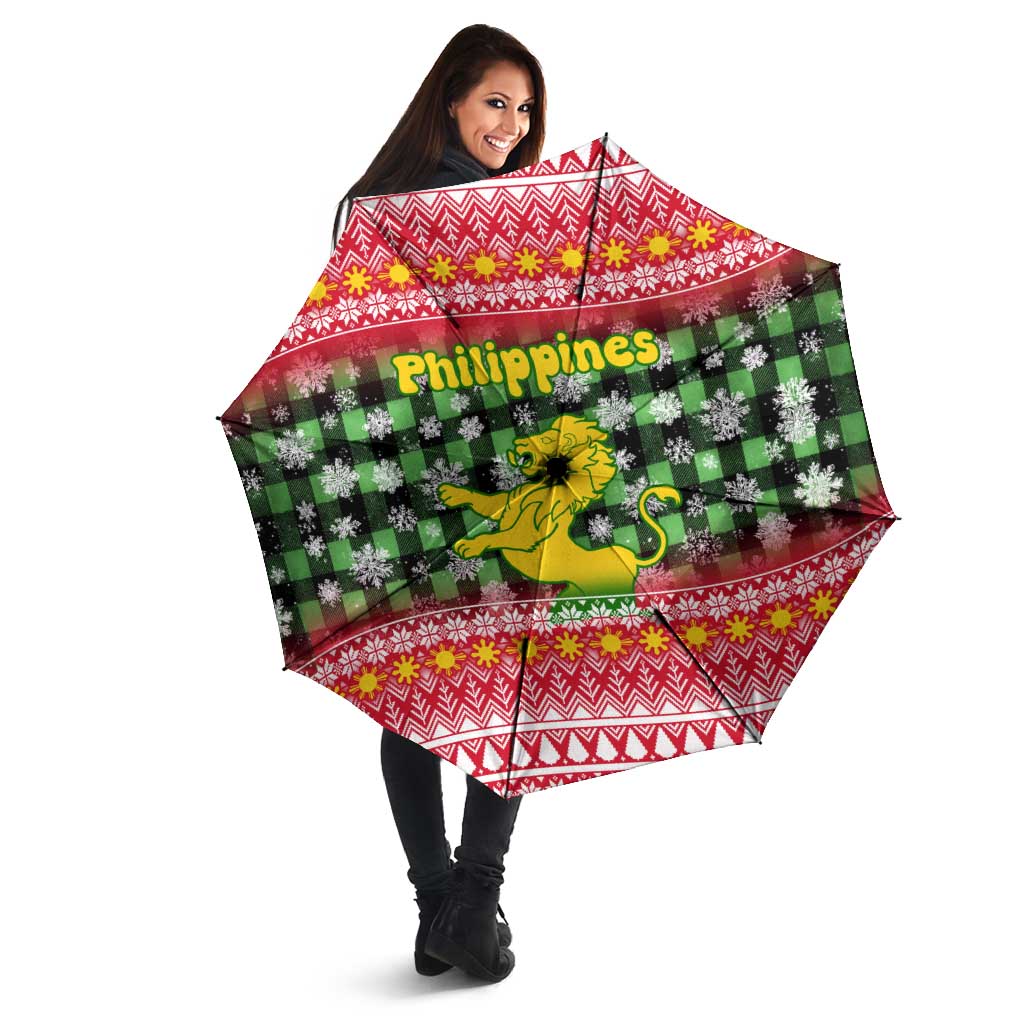 Philippines Christmas Umbrella with Red-Green Plaid Design, Yellow Lion, and National Coat of Arms Motif - Wonder Print Shop